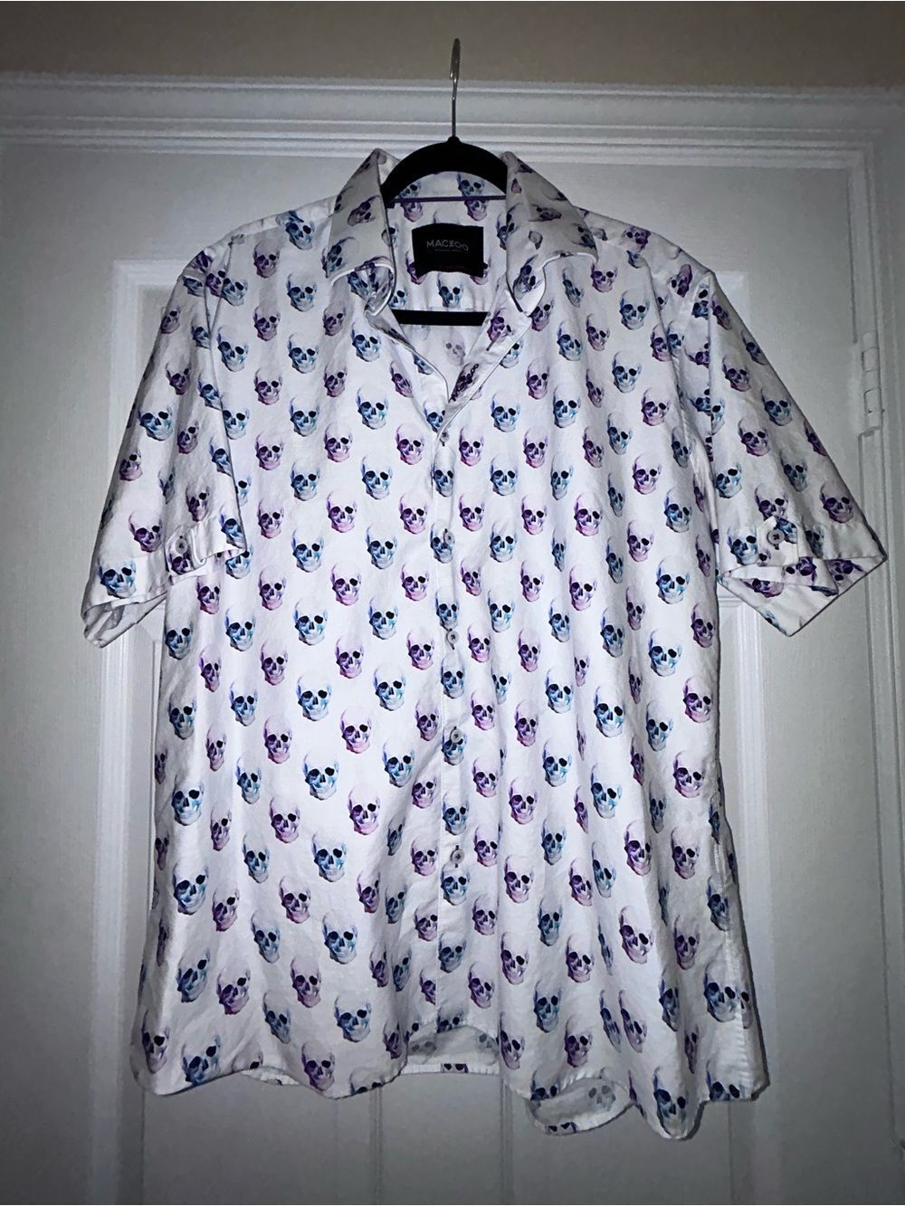 Maceoo Skull Print 100% Cotton Short Sleeve Button Front Shirt